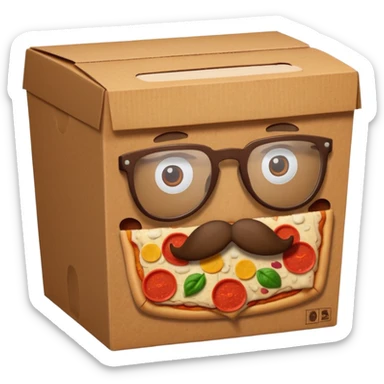 pizza take-out carton with glassess and mustache sticker