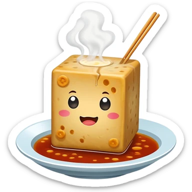Changsha Stinky Tofu with visible steam and sauce, simplified emoji style with bold outlines and bright colors, cartoon style famous fermented snack sticker
