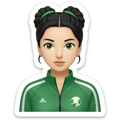 Cha: Age Late 40s, a Asian old woman with black hair tie, Green player tracksuit sticker