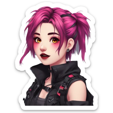 Gorgeous bright colorful neon gothic techwear anime style lady with blushing face aesthetic and pretty edgy black red punk messy hair with collar and harness trending style sticker
