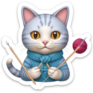 knitting cat portrait, head and shoulders only, cute cat holding knitting needles and yarn, cozy expression, warm handmade vibe, 3D cartoon style, mobile game icon style, clean background, no text, no watermark
 sticker