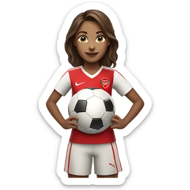 Pretty woman with medium brown hair holding a soccer ball and wearing an Arsenal jersey sticker