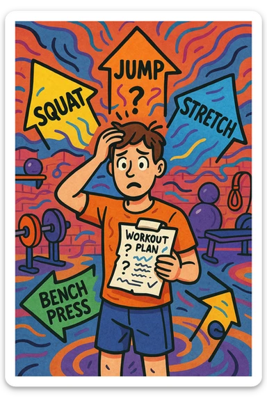 a person stands in the center of a gym, surrounded by arrows pointing in all directions, each labeled with a different exercise (e.g., “squat,” “jump,” “stretch,” “bench press”). The person looks bewildered, holding a workout plan with scribbles and question marks. The scene is colorful but visually messy, symbolizing confusion. in italiano sticker