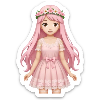 pastel anime woman with pink and white lace dress full body and long hair with flower crown sticker
