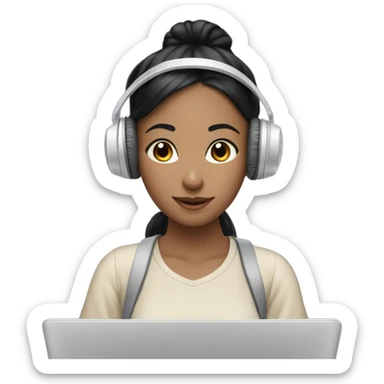 a girl with laptop with a bun hair, headphone, clouds and light bulbs in background, has asian skin tone and black hair color sticker