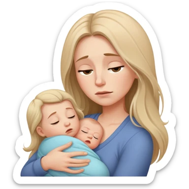 Exhausted mom with long hair and baby sticker
