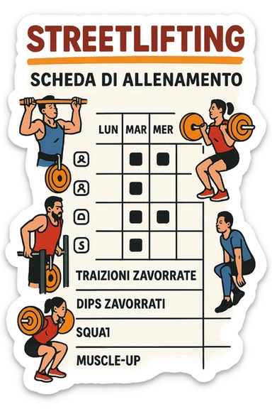 a streetlifting training sheet with icons for each exercise—weighted pull-ups, weighted dips, squats, muscle-ups—organized in a weekly schedule. Around the sheet, small illustrations show athletes performing each movement with proper form. The color palette is bold and energetic, and the background is clean and minimal. in italiano sticker