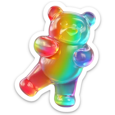 hyper-realistic 3D rendering of a translucent, glistening rainbow gummy bear mid-bounce, its plump body captured in dynamic motion as if frozen in time. The candy's surface refracts light like real gelatin, with sticky highlights gleaming along its curved edges and subtle sugar granules  sticker