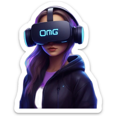 Russian girl wearing a black hoodie with "OMG" letters on it and VR headset in a cyberpunk VR environment with violet neon lighting. sticker
