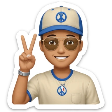 Cool hip guy with NY baseball cap and sunglasses doing a peace sign with one of his hands sticker