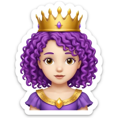 Princesses kid girl, with Gold Crown on purple curly hair, with white dress sticker