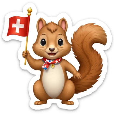 cheerful squirrel celebrating with confetti and holding a Swiss flag, emoji style sticker