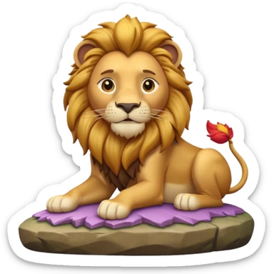 A 3D cartoon lion with a golden mane, sitting proudly on a rock, calm smile, smooth fur, bright warm sunlight, friendly but majestic look, Memoji-style. sticker