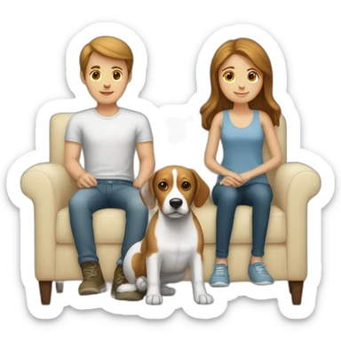 Brown hair White boy and girl with beagle Sit on couch sticker