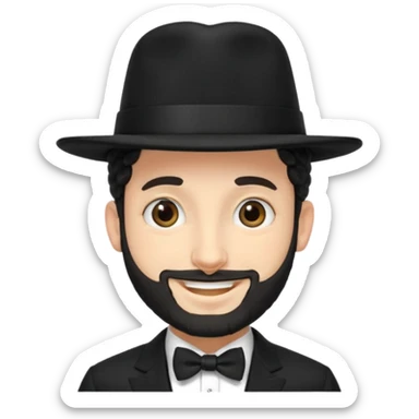 orthodox jewish man, side curls, black suit, hat sticker