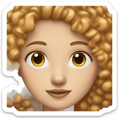 White-skinned woman with light brown curly hair, with cat eyeline sticker