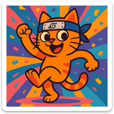 comical cat dancing with a naruto headband, expressive face, colorful background sticker