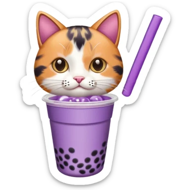 a cat drinking from a mini purple bubble tea cup sticker