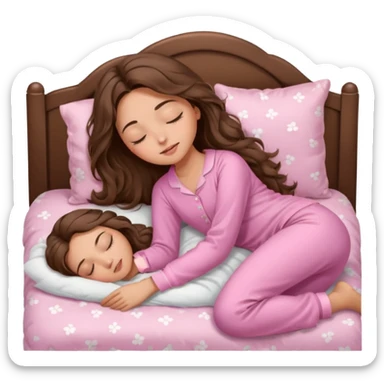 Brunette girl with long wavy brown hair with brown eyes and sleeping on a withe bed with cute pink pjs (just one girl) and with closed eyes sticker