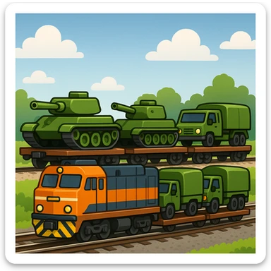 Create a highly realistic image of an ordinary cargo train transporting military equipment such as tanks and trucks, in a classic emoji style. This is variant 1. sticker