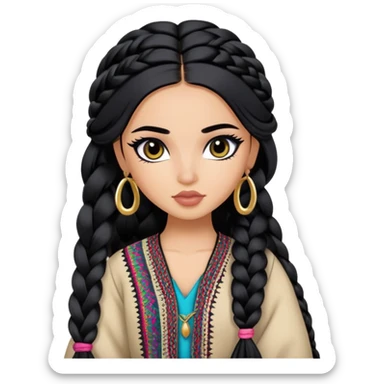 Afghan nose, pretty lips, afghan clothes, medium skin,  long black hair braid, pretty bratz baddie, black eyeliner sticker