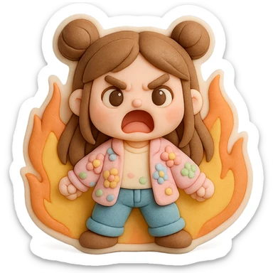 3D chibi fondant cake art style, high-quality rendering with smooth shadows and soft gradients. Girl with long brown hair in two space buns, brown eyes, jeans, pastel floral cardigan, thick white outline like a sticker, transparent background. Screaming angrily while surrounded by flames, preserve facial features. sticker