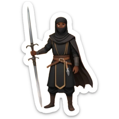 Emoji of a Muslim warrior silhouette standing on a hill at sunrise holding a lowered sword in calm control, crescent moon in the sky, symbolising locking in, discipline, and a new beginning through faith. Bold minimalist vector, transparent background. sticker