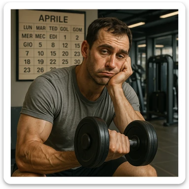 hyper realistic man doing high repetitions in gym, bored expression, calendar in background with days and months written in Italian, anatomical details, atmosphere of wasting time, modern gym background sticker