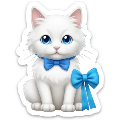 A fluffy white cat with blue eyes sitting with a bow on the left ear sticker