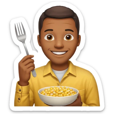 HAPPY BLACK MAN WITH YELLOW OPEN BUTTON-DOWN SHIRT, HOLDING AN FORK AND A COOK CORN BOWL sticker