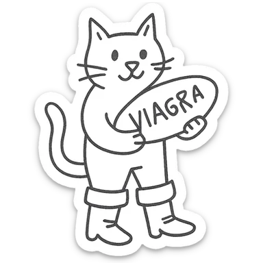 a cat in boots standing on its hind legs and holding a Viagra pill in its front paws sticker