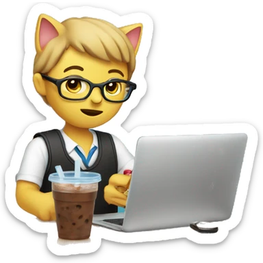 Marketing team member(visual is cat) working while drinking iced coffee sticker