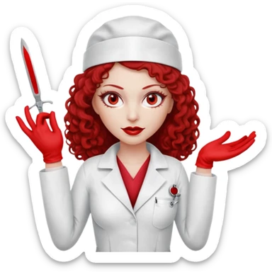 


Scary woman scalpel in hand, evil surgeon sexy surgeon clothes.  She has redcolored  eyes. Her  hair only is free ne brown long curly hair. Wears sexy doctor outfit with red gloves. make her wear red ski mask  to hide. Wears white surgeon coat, wears  stilettos sticker
