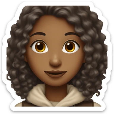 Light brown girl with long black curly hair and a hot chocolate sticker