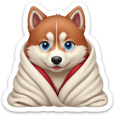 cute, disney-style, red siberian husky with blue eyes cozy in a blanket sticker