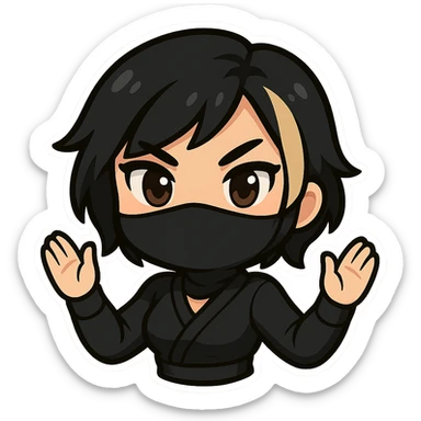 Change the character's hair to black short hair with a blonde streak. Keep only the head and arms visible. Depict a sexy chibi ninja girl with bold outlines. The image should have a transparent background and be sized for Twitch emoji use. sticker