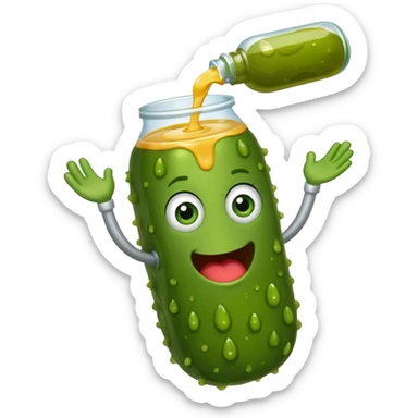 a cartoon pickle with juice squirting from the top of it, being squeezed by a hand sticker