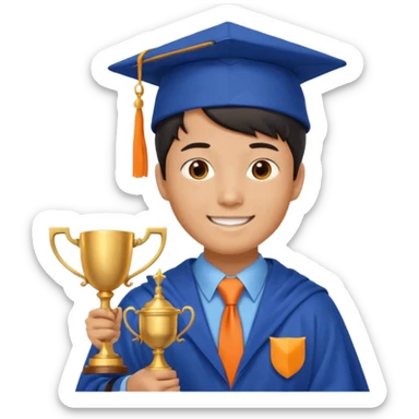 An asian man wearing student hat, blue student mantle and orange tie, holding a trophey sticker