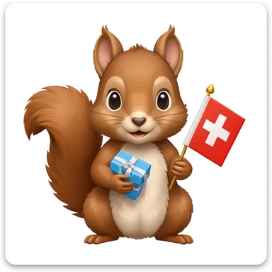 cute squirrel holding a clearly visible gift box in one hand and a Swiss flag in the other, both objects easy to see, simple white background sticker