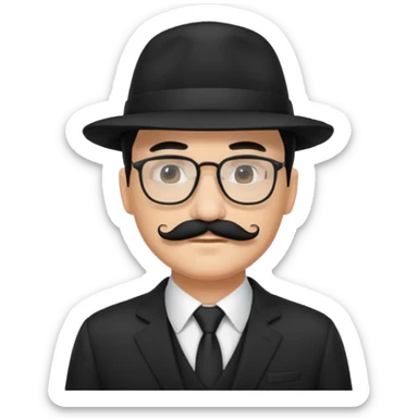 black hair dad in black suit and glasses with mustache and a hat sticker