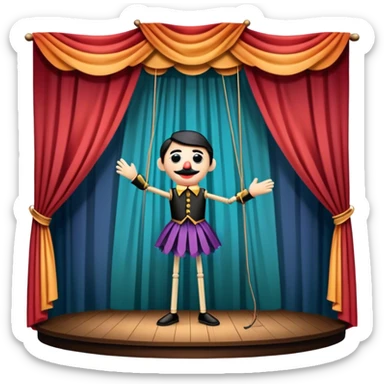 Icon for Puppet Theater: a puppet on strings with theatrical curtains in the background, along with a small stage and dramatic lighting. The icon should represent the whimsical and artistic nature of puppet performance. Transparent background. sticker