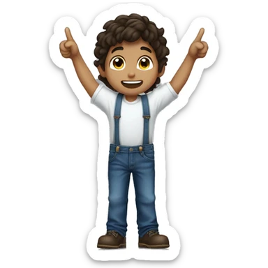boy pointing to the sky from behind, dark brown wavy hair, wearing blue jeans overalls and white shirt. half body shot. sticker