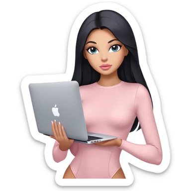Glamours, tanned, very beautiful girl, with big pump peach-beige-rose lips, black straight smooth silky long hair, straight parting hair, blue-grey eyes, in light-pink bodysuit holding MacBook sticker