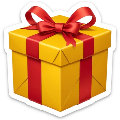 box with yellow wrapping paper and a length of red ribbon surrounding it sticker