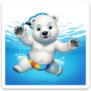 friendly anthropomorphised polar bear swimming in a wide pool, wearing colorful swim trunks and snorkel gear sticker