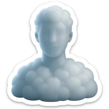 person shoulders up, looking straight, fully made of white fluffy convex clouds, matte glass style, volumetric and soft clouds, no background sticker