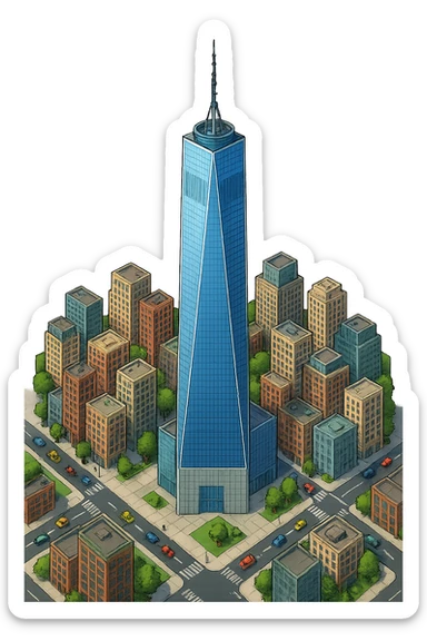 Изометричная, яркая, детализированная, объемная и фотореалистичная иллюстрация башни One World Trade Center. В стиле 3D-коллажей городов, насыщенные цвета, аккуратные и чёткие линии, мультяшно-реалистичная стилистика. Чёткие контуры, не размазанные линии, высокое качество, прозрачный фон, не обрезать края картинки sticker