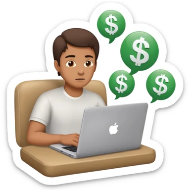 a man with a laptop and dollar signs, thinking about startup success sticker