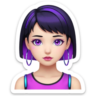 Emoji estilo anime cyberpunk: garota com cabelo curto preto, olhos roxos expressivos, expressão confiante, argolas grandes, pele iluminada por neon azul e rosa, visual moderno e vibrante, cores fortes e estilo futurista simplificado. sticker