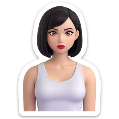 A pretty girl with black straight bob hair. She has hazel eyes with black eyeliner. She has plump red lips. She is wearing a white tank top sticker